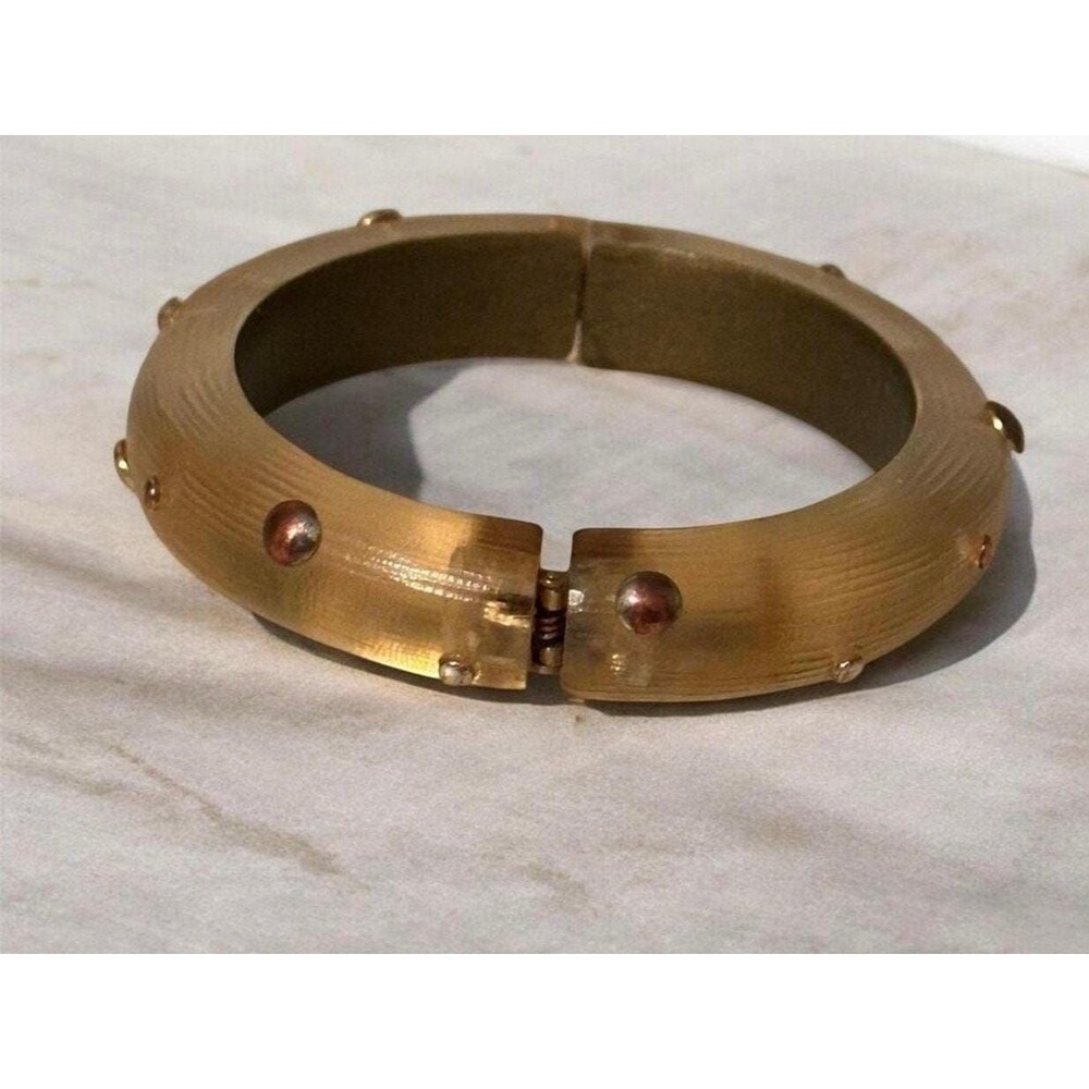 Designer Alexis Bittar Hand-Carved Champagne Lucite Metal-Studded Hinge Bracelet
